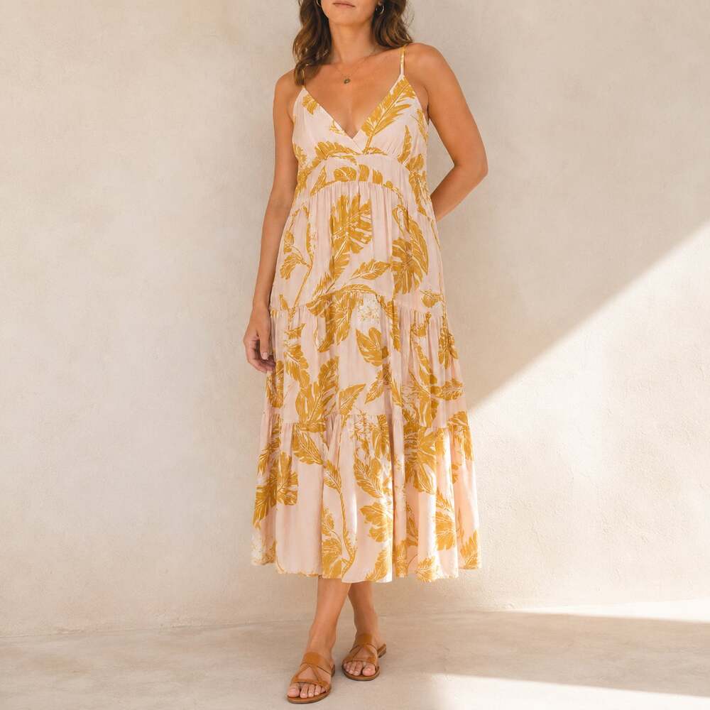 Wild Fable Tropical Midi Dress L Coastal Surf Resort Palm Print Boho